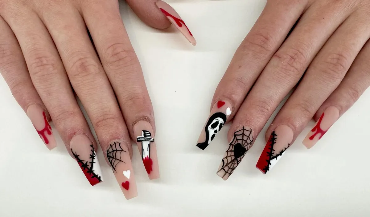 Long red, black and white Halloween horror nail art by V Nails Lacombe