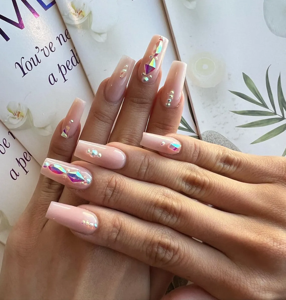 Nude square nails with iridescent foil accents by V Nails Lacombe