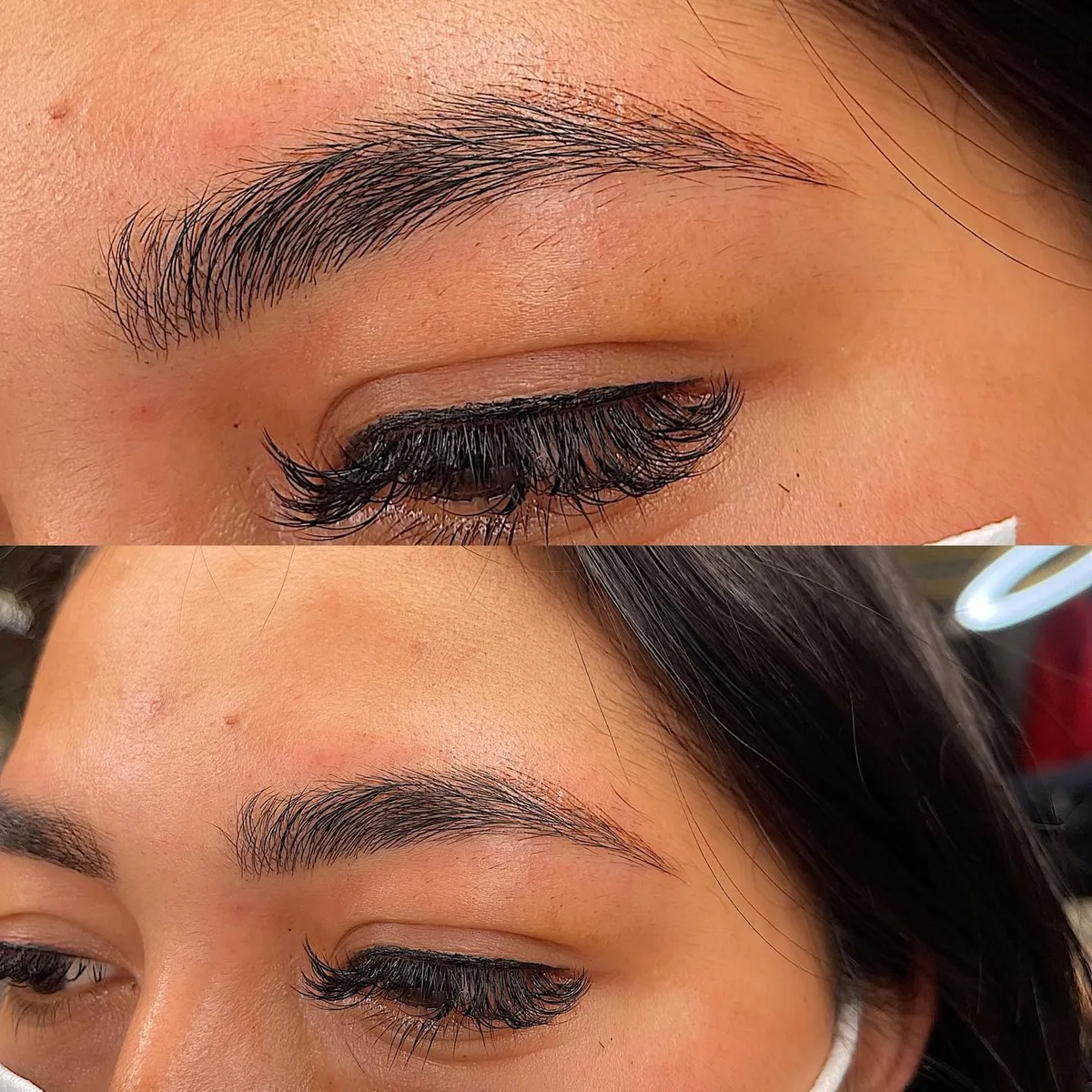 Soft lash extension and brow styling finish by V Nails Lacombe